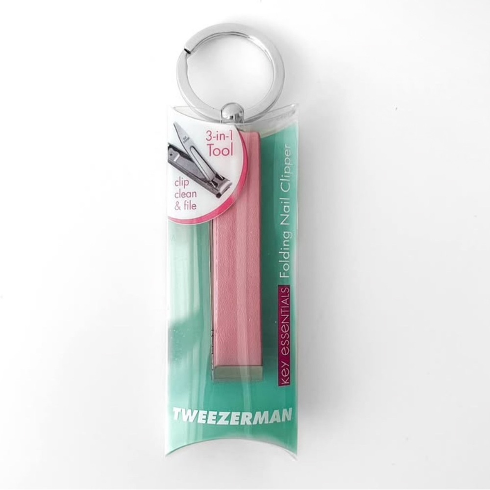 NEW Tweezerman Folding Nail File and Clipper for Key Ring Pink Leather Encasing